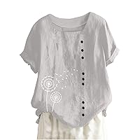 Plus Size Tops for Women Linen Dandelion Print Shirts Square Neck Button Down Loose T Shirt Summer Casaul Blouses