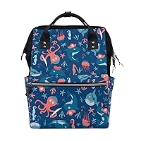 Diaper Bag Backpack Colorful Sea Creatures On Dark Blue Casual Daypack Multi-Functional Nappy Bags