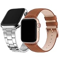 Fullmosa Compatible Stainless Steel No tools needed Apple Watch Band 41mm/40mm/38mm Silver with Case & Compatible Leather iWatch Band 41mm/40mm/38mm,Brown+Rose Gold