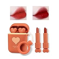 LAMUSELAND Matte Lipstick, 2Pc/Set Waterproof Long Lasting Moisturizing Lip Stain Earphone Dual-color Lip Gloss Primer, Non-stick Cup Lip Make Up Gift Kit for Girls (Red)