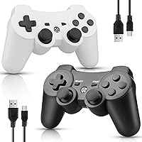OUBANG PS3 Controller Wireless 2 Pack Compatible with Sony Playstation 3, Bluetooth Controller, 360° Analog Joysticks, Sensitive Button, USB Charging Cord, White and Black