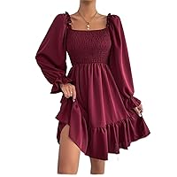 Fall Dresses for Women 2023 Square Neck Shirred Bodice Flounce Sleeve Ruffle Hem Dress Dresses for Women (Color : Burgundy, Size : Large)