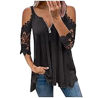 Cold Shoulder Crewneck Lace Tops for Women, Summer Sexy Casual T Shirts Short Sleeve Blouses Flowy Tunics Tees