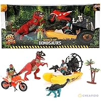 World of Dinosaurs Play Set with Dinos - 2 Dinosaurs with Motorcycle, Inflatable Boat, Toy Figures and Accessories - from 3 Years