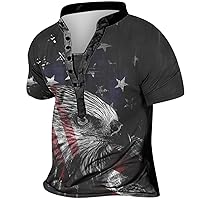 Summer Shirt for Men 4th of July Henley Shirt Retro Distressed Patriotic American Flag Print Short Sleeve T-Shirt