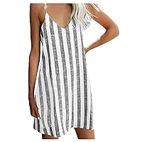 Summer Dress with Pockets Long,Dress Striped Camisole Sexy Women's Knee-Length V-Neck Lightweight Loose Women's