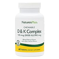 Natures Plus D & K Complex - 60 Mixed Berry Chewables - Supports Calcium Metabolism - Vegetarian, Non-GMO, Gluten Free, Soy Free - 60 Servings