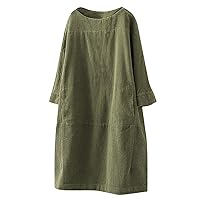 Women's Plus Size Dress Vintage Corduroy Long Sleeve Crewneck Solid Color Loose Fall Casual Dresses with Pockets