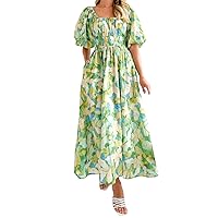 Women's Summer Dresses Casual Womens Beach Square Neck Floral Print Bubble Sleeved Long Dress(Green,X-Large)