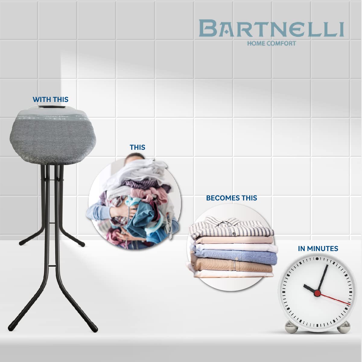 Bartnelli Classic Ironing Board with New Patent Technology | Made in Europe Iron Board with Patent Fast-Glide Zone, 4 Layer Cover & Pad, Height Adjustable, Safety Iron Rest, 4 Premium Steel Legs