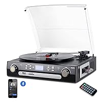 DIGITNOW Bluetooth Record Player with Stereo Speakers, Turntable for Vinyl to MP3 with Cassette Play, AM/FM Radio, Remote Control, USB/SD Encoding, 3.5mm Music Output Jack(Black)