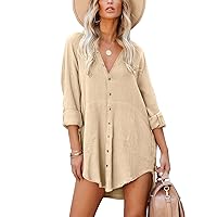 POWSEEN Women's Summer Long Sleeve Beach Cover-ups Casual Button Down Dresses Shirt Oversized Tunic Dress with Pocket