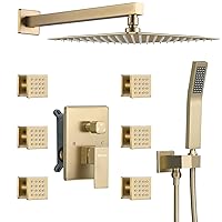 DASAN Full Body Shower System with 6 PCS Body Spray Jets & 12'' Rain Overhead Shower & Handheld, In-Wall Rain Shower System Brushed Gold Shower Faucets Sets Complete with Valve, SA-SS03ABG-S12W