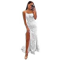 Sparkly Mermaid Prom Dresses 2024 One Shoulder Fitted Slit Mermaid Sequin Evening Gowns for Women Formal Dress