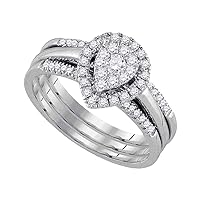 10kt White Gold Womens Round Diamond Teardrop Cluster 3-Piece Bridal Wedding Engagement Ring Band Set 1/2 Cttw
