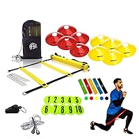 Fitness Health – Speed & Agility Athlete Training Set, Mixed Coloured Sport Cones, Agility Ladder and Non slip numbered flat disc, Skip Rope & Colourful Resistance Band complete with Cone Strap