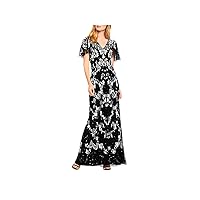 Aidan Mattox Womens Black Sequined Beaded Zippered Printed Flutter Sleeve V Neck Full-Length Evening Gown Dress 0