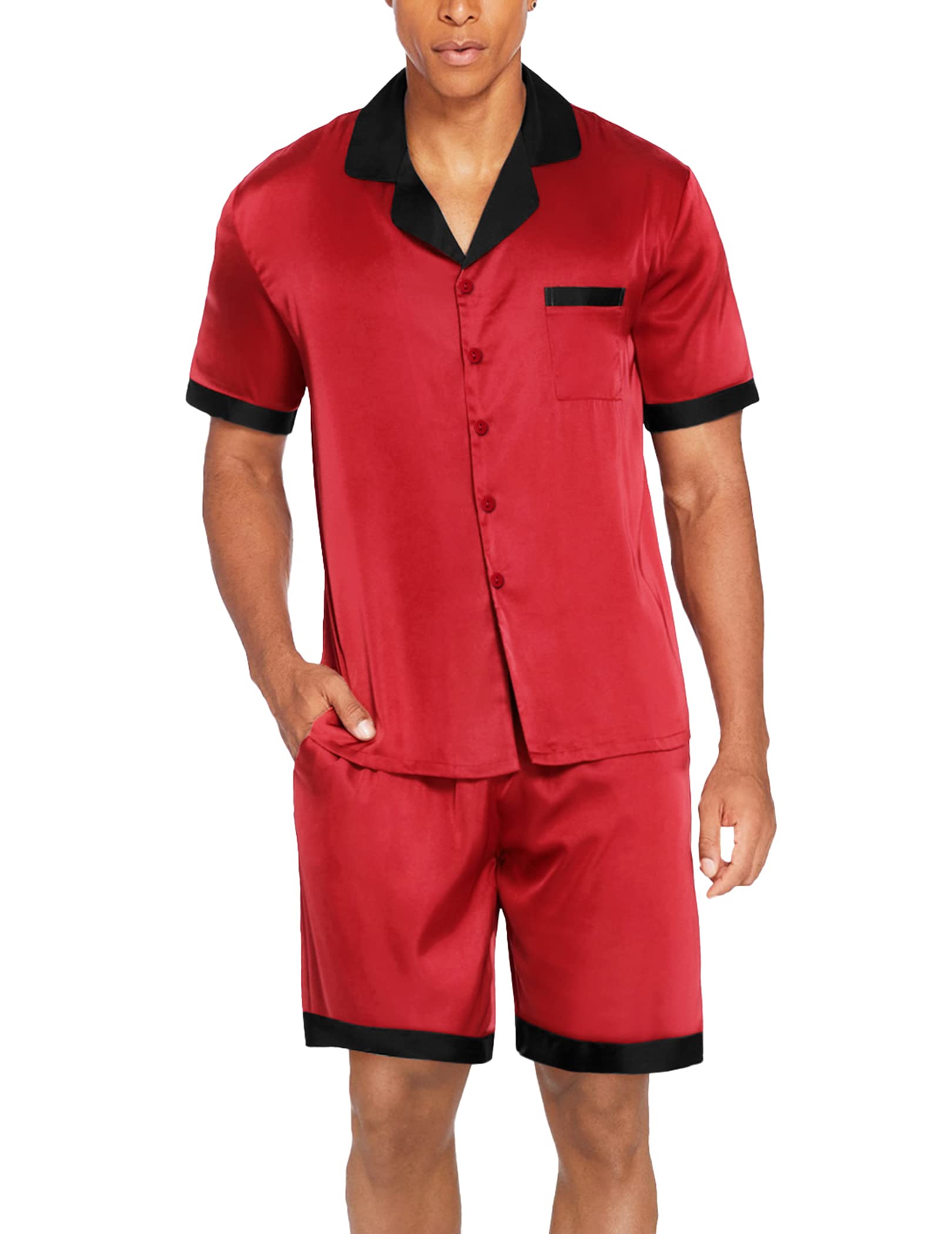 Ekouaer Men Satin Silk Pajamas Set with Pockets Sleepwear Shorts Satin Summer Loungewear 2 Piece Button Down Set S-XXL