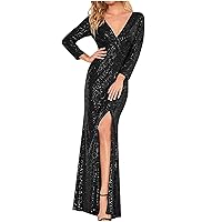 Womens Elegant Sequin Maxi Dress Slim Fit Side Slit Sparkly Cocktail Dress Long Sleeve V-Neck Waisted Nightclub Dress