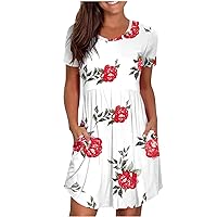 Women 2023 Summer Dress Women Summer Short Sleeve Dresses Fashion Plain Simple T Shirt Loose Dress Pleated Swing