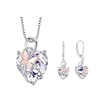 Butterfly Heart Necklaces and Earrings Jewelry Set for Women, 925 Sterling Silver Cubic Zirconia Birthstone Pandent, Anniversary Birthday Gifts for Her