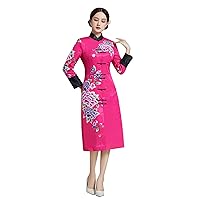 Qipao Autumn and Winter Women Silk Chinese Peony Printed Addition Cotton Cheongsam New Year Red Wedding Evening Dress3423