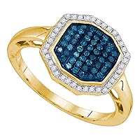 The Diamond Deal 10kt Yellow Gold Womens Round Blue Color Enhanced Diamond Octagon Geometric Cluster Ring 1/3 Cttw