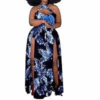 Women's Sexy Plus Size Halter Neck Floral Print Split Beach Party Maxi Dress