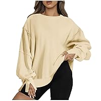 Women Oversized Patchwork Sweatshirt Side Split High-Low Hem Round Neck Long Sleeve Casual Solid Pullover Streetwear