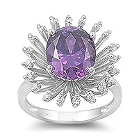 Simulated Amethyst Radiant Round Flower Cocktail Ring Sterling Silver Band Sizes 5-9