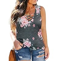RITERA Plus Size Sleeveless Tops for Women Grey Floral Sexy Criss Cross Tanks Cami Ladies Oversized V Neck Summer Strappy Tank Casual Fashion Basic Camisole 3X 3XL 22W 24W