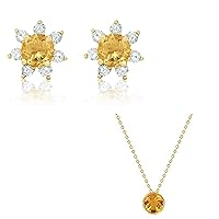 MAX + STONE 14k Yellow Gold Citrine and Diamond Flower Halo Stud Earrings and Round Pendant Necklace Set for Women | 4mm Birthstone Earrings | 7 mm Pendant on 18 Inch Cable Chain Bezel Set