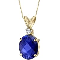 PEORA 14K Yellow Gold 3.50 Carats Created Blue Sapphire with Genuine Diamond Pendant, Elegant Solitaire, Oval Shape, 10x8mm
