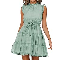 Dokotoo Womens Summer Dresses 2024 Sleeveless Ruffle Waist Tie Casual Tiered Mini Swing Dress