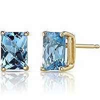 Peora Solid 14K Yellow Gold Swiss Blue Topaz Earrings for Women, Genuine Gemstone Birthstone Solitaire Studs, Hypoallergenic 7x5mm Radiant Cut, 2.25 Carats total, Friction Back