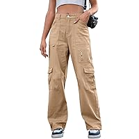 Cargo Pants Women High Waist Wide Leg Casual Pants with 7 Pockets Stretchy Drawstring Baggy Y2K Trousers