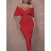 2022 Women's Dresses Surplice Neck Off Shoulder Backless Front Buckle Belted Cocktail Party Dress Women's Dresses (Color : Red, Size : Small)