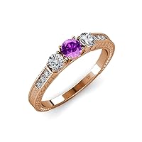 Amethyst and Diamond Milgrain Work 3 Stone Ring with Side Diamond 0.80 ct tw in 14K Rose Gold