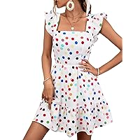 Summer Dresses for Women 2023 Polka Dot Print Tie Back Ruffle Trim Short A-Line Dress