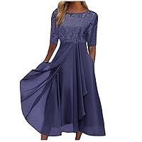 Dresses for Women 2023 Casual, Lace Cut-Out Maxi Dress O-Neck Half Sleeve Summer Dress Patchwork Ruffle Dress