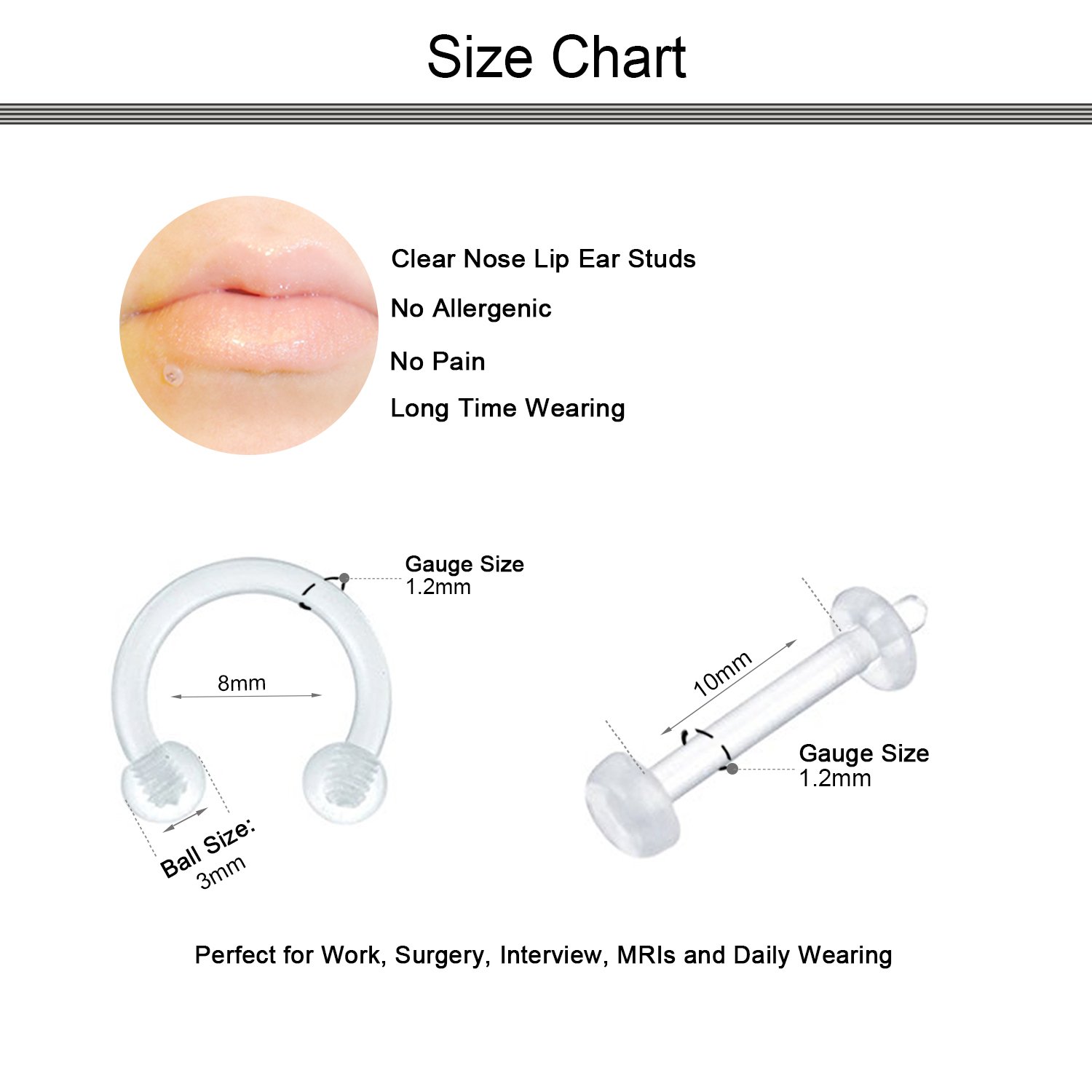 D.Bella 14G 16G 18G 20G Clear Flexible Bioplast Retainer Navel Belly Ring Eyebrow Tongue Nipple Barbell Nose Lip Labret Stud