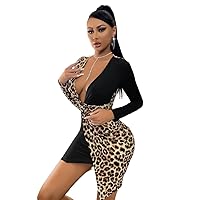 Fall Dresses for Women 2023 Leopard Print Plunging Neck Twist Asymmetrical Hem Bodycon Dress Dresses for Women