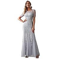 Women's Dress Sequin Leaf Mesh Fishtail Hem Formal Evening Gown Dress for Women (Color : Gray, Size : XX-Large)