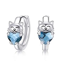 Cat Earrings Silver 925 Stud Earrings with Birthstone, Girls’ Cat Stud Crystal Jewellery Cats Gifts for Children, Women