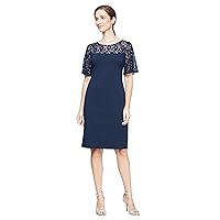 S.L. Fashions Women's Petite Sequined Lace Short Sleeve Sheath Dress, Navy, 16P