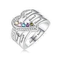 10K/14K/18K Gold Natural Diamond Heart Name Rings with Birthstones Personalized Mothers Birthstone Ring Custom Engraved 1-5 Names Christmas Gift for Her Wife