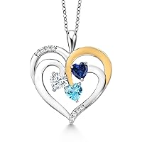 Gem Stone King 925 2-Tone Sterling Silver and White White Moissanite Blue Created Sapphire and Swiss Blue Topaz Pendant Necklace For Women (1.47 Cttw, Heart Shape 5MM, 18 Inch Chain)