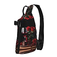 Red Rose And Wine Romantic Lovers Decor Print Lightweight Adjustable Crossbody Backpack Daypack For Men,Women Sling Bag