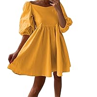 Women's Summer Dresses Loose Solid Color Square Collar Five Quarter High Waisted Dress Midi Dress (Orange,Medium)