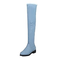 Women's Denim Over The Knee Boots Chunky Low Heels Thigh High Boots Round Toe Zipper Flat Jeans Long Boots Light Blue,Size 11.5